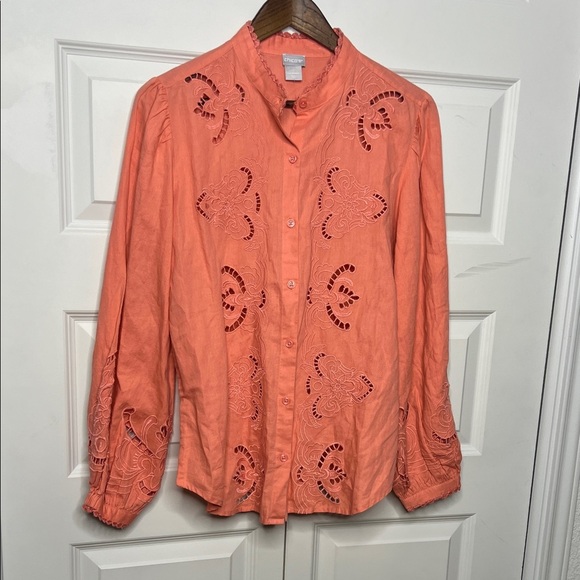 Chicos Size 1 (8-10) Salmon Button-Up Blouse with Embroidered Details - Picture 1 of 4